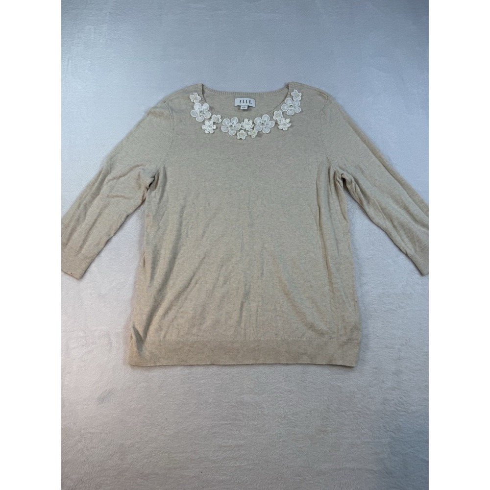Elle 3D Floral Appliqué Crew Neck 3/4 Sleeve Sweater Size XL Career Feminine